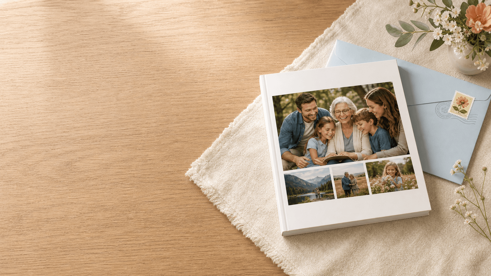 A printed family magazine beside a mailing envelope